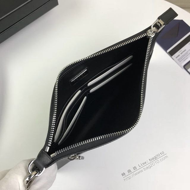 prada手包 普拉達新款皮革手拿包 2NH005 PRADA十字紋牛皮黑+藍手拿包  pyd2245